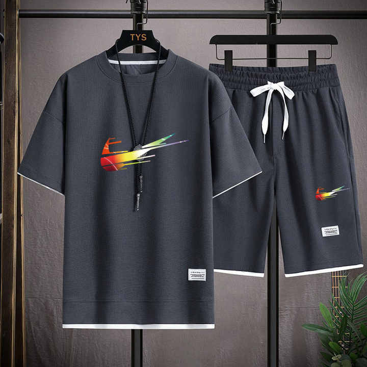 Men's 2 Piece Holiday Couple Set Fashion Loose T-shirt + Plus Size Five Quarter Pants 
