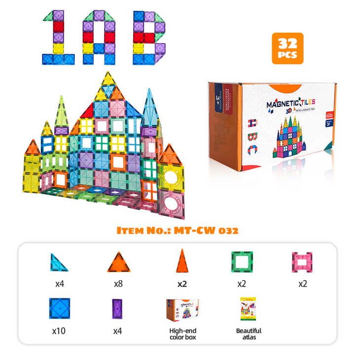 32pcs Magnetic Tiles Educational Toys for Kids, Plastic Building Tiles with EN71 Certification 