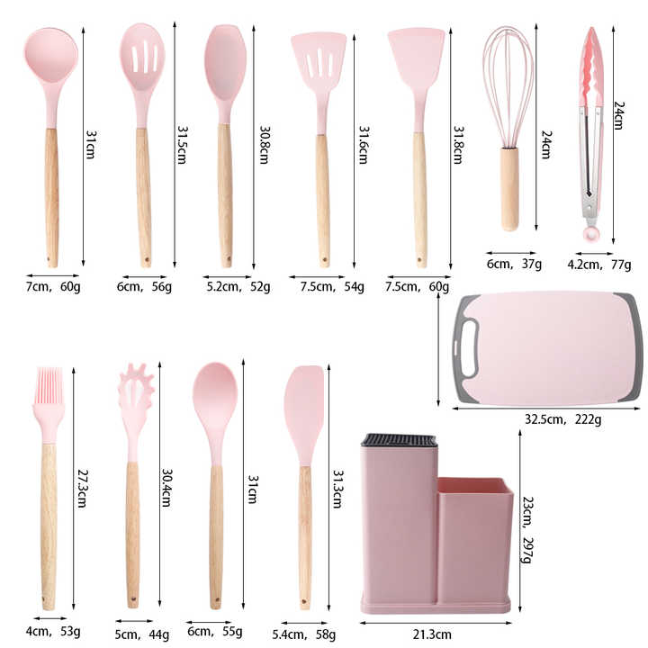 Best Selling 19 Piece Non-Stick Silica Gel Cookware Set Silicone Kitchen Utensil Set with Wooden Handle 