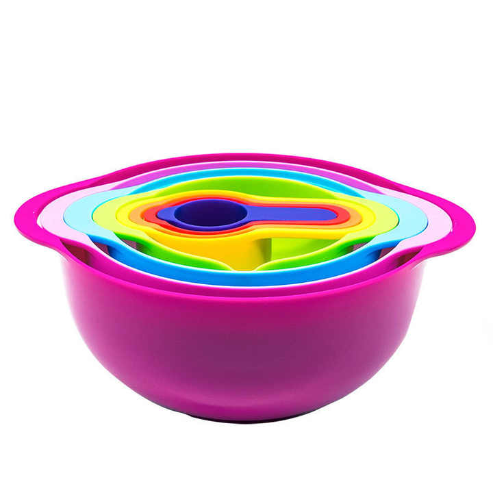 طقم 8 أطباق سلطة متعددة الوظائف لخلط الطعام وعاء تحضير الطعام مع مصفاة غربلة وكأس قياس لإكسسوارات المطبخSet of 8 Multifunctional Salad Bowls for Mixing Food Prep Bowl with Strainer and Measuring Cup for Kitchen Accessories