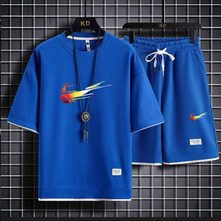 Men's 2 Piece Holiday Couple Set Fashion Loose T-shirt + Plus Size Five Quarter Pants 