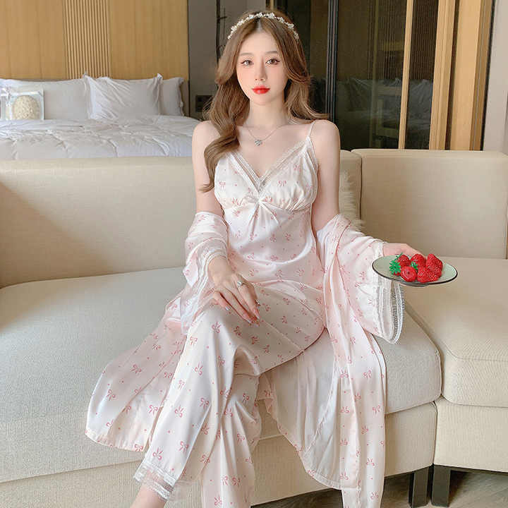 Sexy Satin Lace Pajamas 3 Pieces