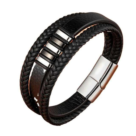 Men's multi-layer woven leather stainless bracelets and bangles. 