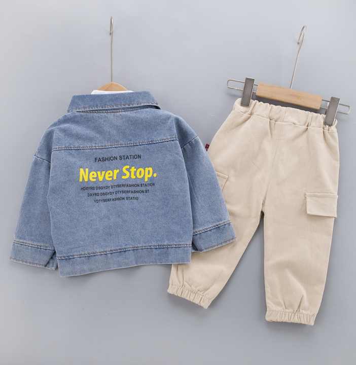 مجموعة ملابس خريفية عصرية مناسبة لعمر 1-5 سنوات جينز للأطفال 3 سنوات 1-5 Years Fashionable Autumn Clothes Set with Jeans Coat and Pants 3 Boys