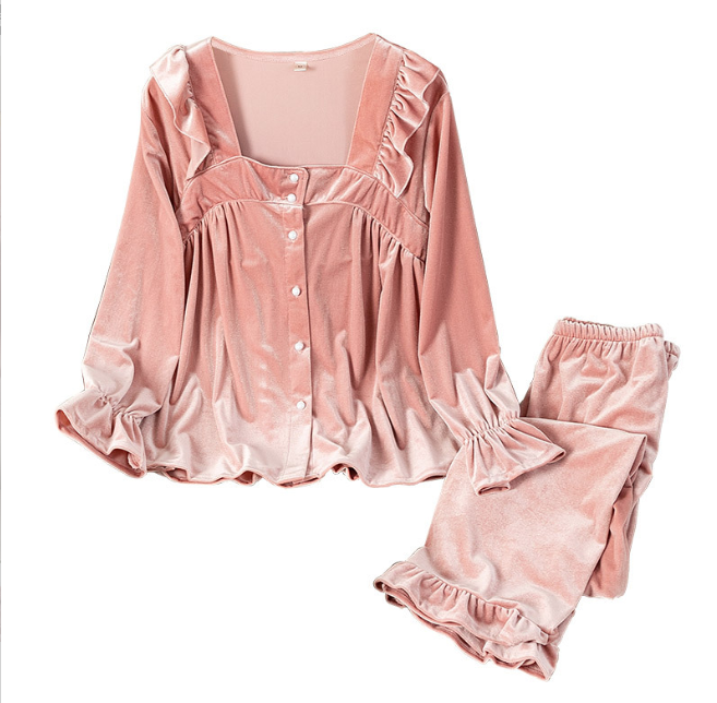 Women's Golden Velvet Pajamas - Spring and Autumn Pajamas 