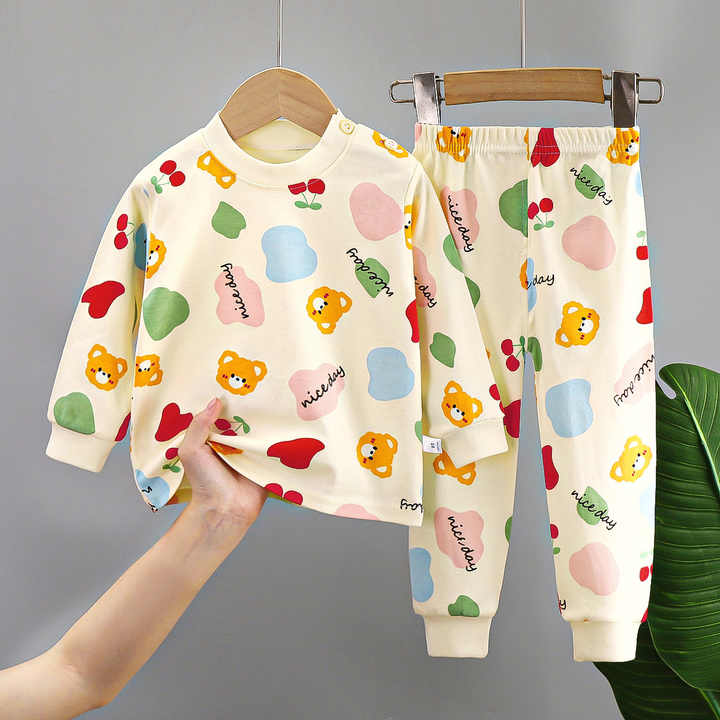 Long Cotton Sleepwear for Kids Cotton Round Neck Pajamas for Children Boys Girls Home Clothes 2 Piece Sets 