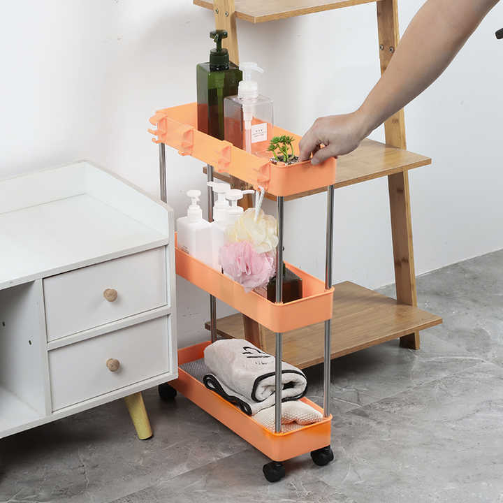 Hot Sales Multifunctional Kitchen Narrow Slot Rack Sundries Plastic 3 Tier Slim Storage Unit Shelf Rack with Wheels 