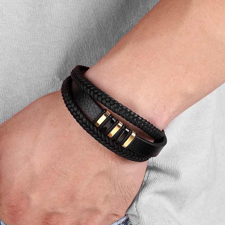 Men's multi-layer woven leather stainless bracelets and bangles. 