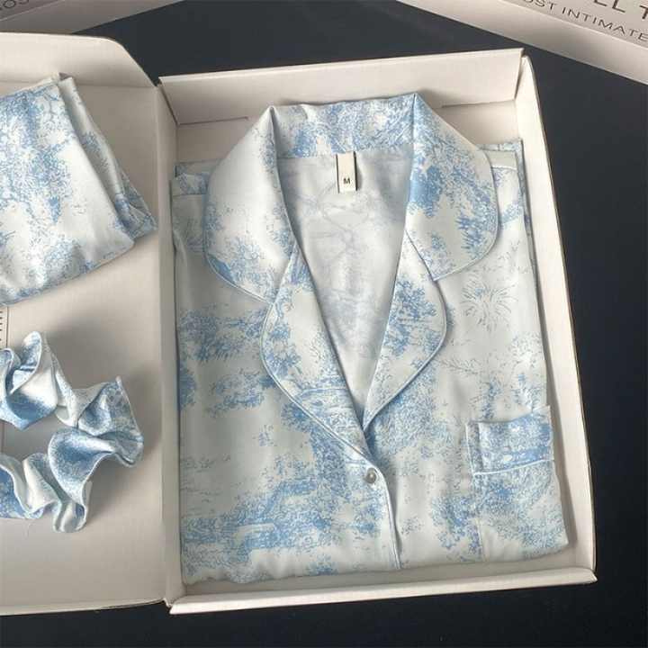 ملابس نوم صيفية نسائية بأكمام طويلة طقم بيجامة ساتان من قطعتين للنساءWomen's Summer Sleepwear Long Sleeve 2 Piece Satin Pajama Set for Women