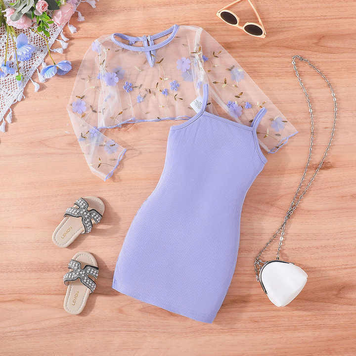 Girls' Suspenders Dress Set, Kids Girls 2 Pieces Dress, Girls' Summer Embroidered Printed Clothes Set, Kids Girls' Casual Clothes Sets 