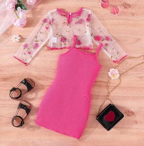 Girls' Suspenders Dress Set, Kids Girls 2 Pieces Dress, Girls' Summer Embroidered Printed Clothes Set, Kids Girls' Casual Clothes Sets 