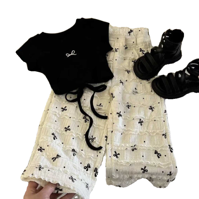 CL6446 New Fashion Lovely Design Short Sleeve Shirt and Wide Leg Pants 2 Piece Set for Little GirlsCL6446 موضة جديدة تصميم جميل قميص قصير الأكمام وبنطال واسع الساق مجموعة من قطعتين للفتيات الصغيرات