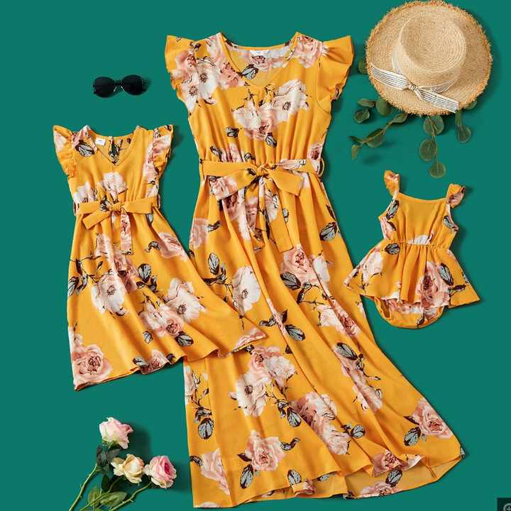 Good price for new design floral print matching sets family casual mother and daughter dresses 
