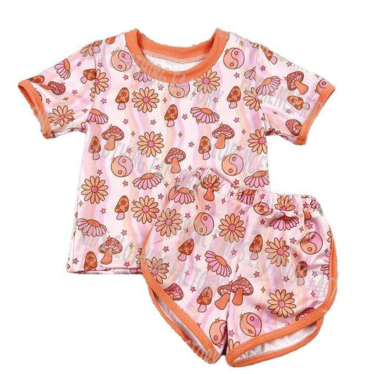 DH ODM Cute Bamboo Mushroom Print Summer Baby Girls Formal Clothes Sets 