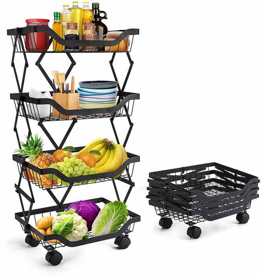 Home &amp; Kitchen Foldable Fruit &amp; Vegetable Storage Basket Rolling Standing Organizer Shelf Trolley with Wheels 