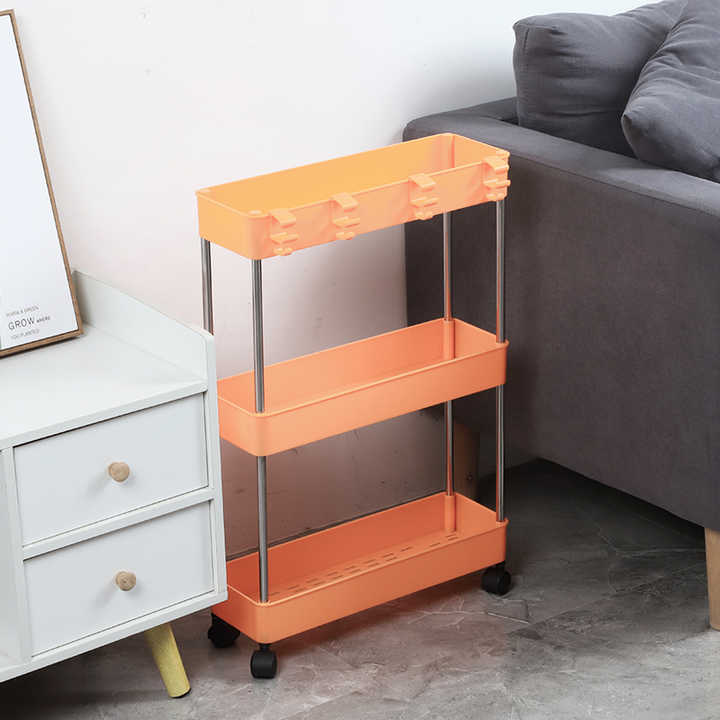 Hot Sales Multifunctional Kitchen Narrow Slot Rack Sundries Plastic 3 Tier Slim Storage Unit Shelf Rack with Wheels 