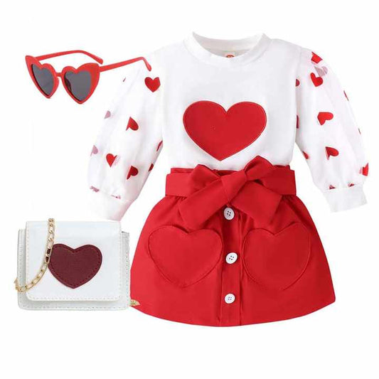 Elegant Red Heart Print Blouse + A-Line Skirts 1-5 Years Girls Valentine's Day Outfits Sets with Glasses Bagبلوزة أنيقة بطبعة قلب أحمر + تنورات على شكل سطر 1-5 سنوات مجموعات ملابس للبنات لأيام عيد الحب مع حقيبة نظارات