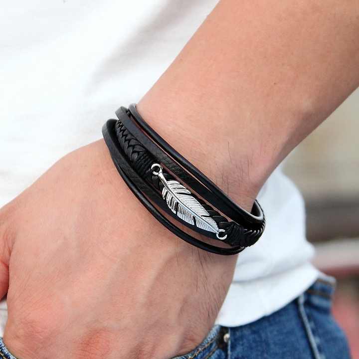 Men's Multilayer Leather Feather Bracelet 