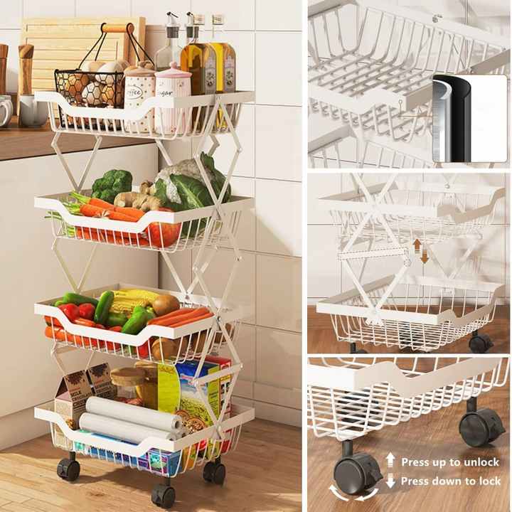 Home &amp; Kitchen Foldable Fruit &amp; Vegetable Storage Basket Rolling Standing Organizer Shelf Trolley with Wheels 