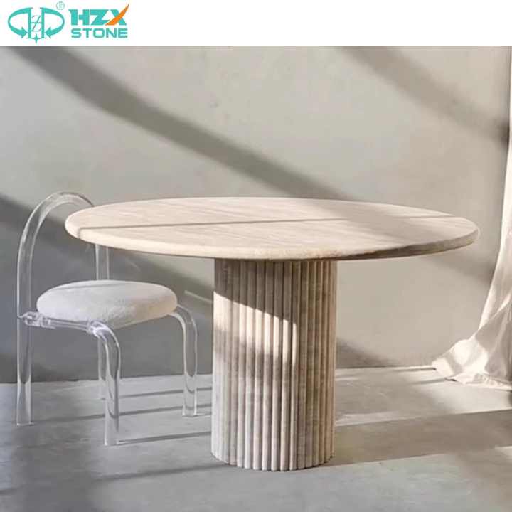able Kitchen &amp; Restaurant Furniture Home Use Marble Travertine Top طاولة طعام مستديرة من الحجر الطبيعي