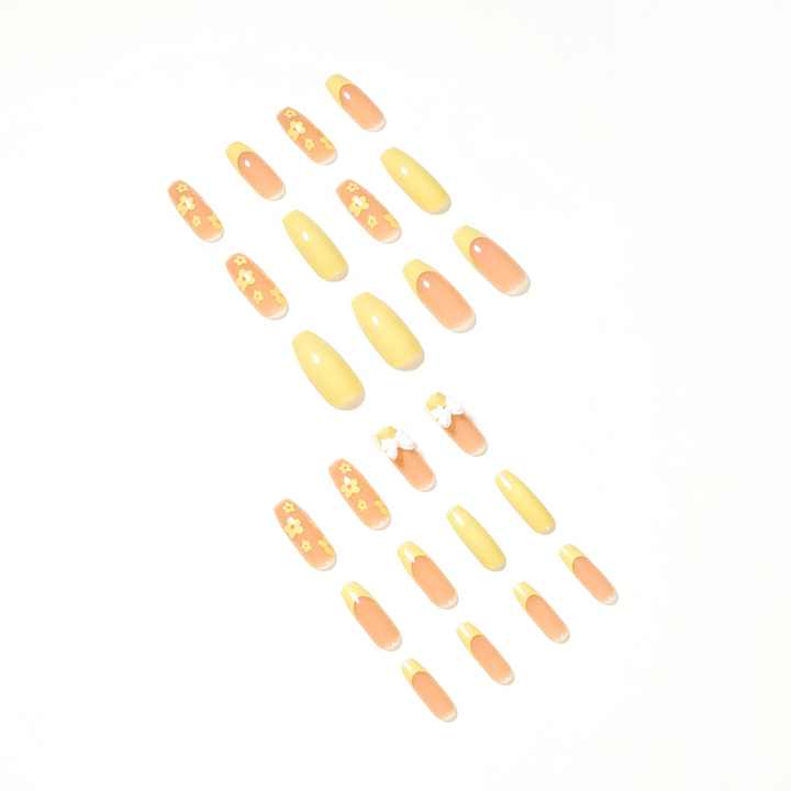High Quality Artificial Nails - Fake Butterfly Yellow Flower Pattern Nail Art Long Removable 