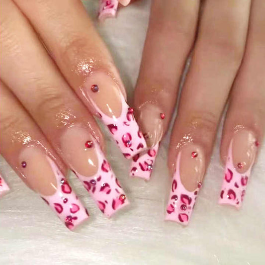 Diamond Pink Leopard Print Long Coffin Nails 