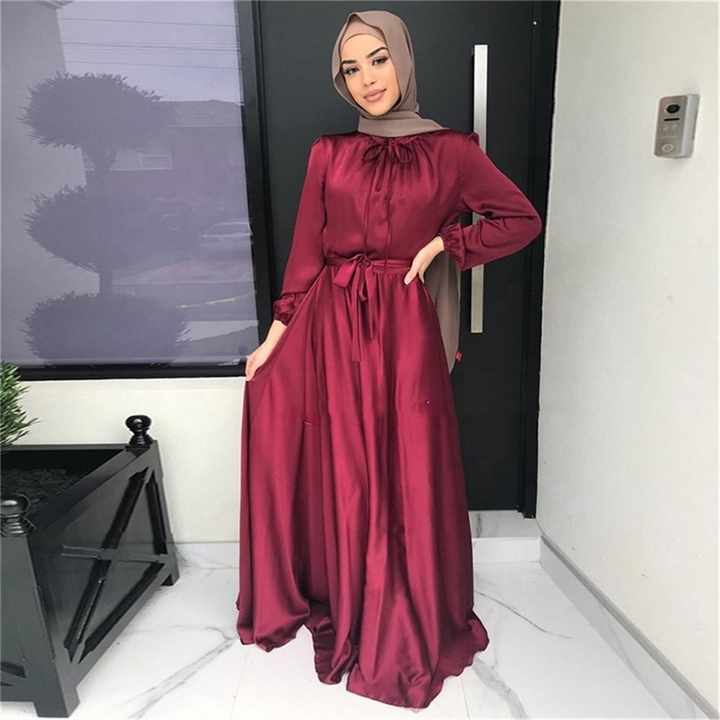 Women Muslim Satin Silk Puff Long-فستان ماكسي بأكمام