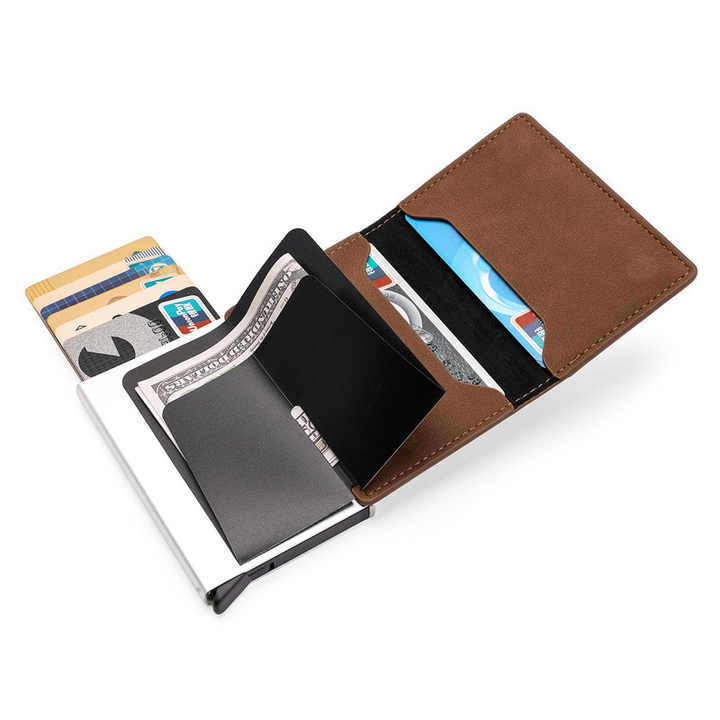 Pop Up PU Leather Metal Wallet RFID Blocking Automatic 