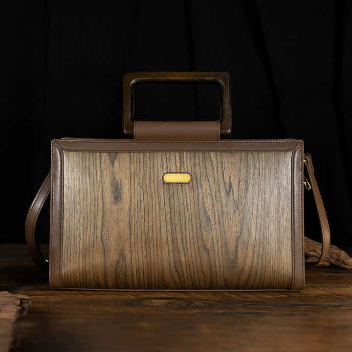 New Arrival Genuine Leather Women's Handbag with Walnut Wooden Handle, Classic Elegant Handbags with Zipper Designer Bags for Women