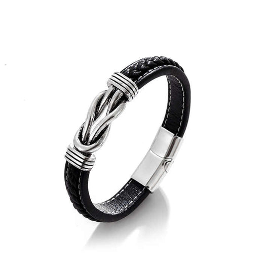 Men's Woven Leather Accessories Stainless Steel Bracelet. 