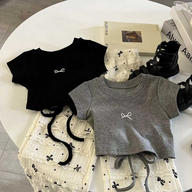 CL6446 New Fashion Lovely Design Short Sleeve Shirt and Wide Leg Pants 2 Piece Set for Little GirlsCL6446 موضة جديدة تصميم جميل قميص قصير الأكمام وبنطال واسع الساق مجموعة من قطعتين للفتيات الصغيرات