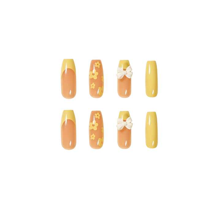 High Quality Artificial Nails - Fake Butterfly Yellow Flower Pattern Nail Art Long Removable 
