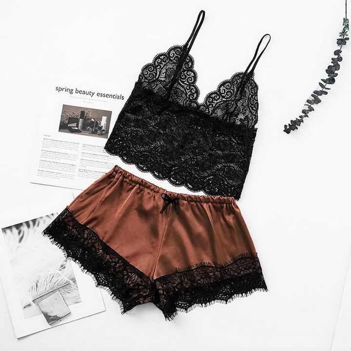 Women's Sexy Lingerie Satin Lace V-Neck Babydoll Sleepwear ملابس نوم مثيرة ملابس نوم نسائية