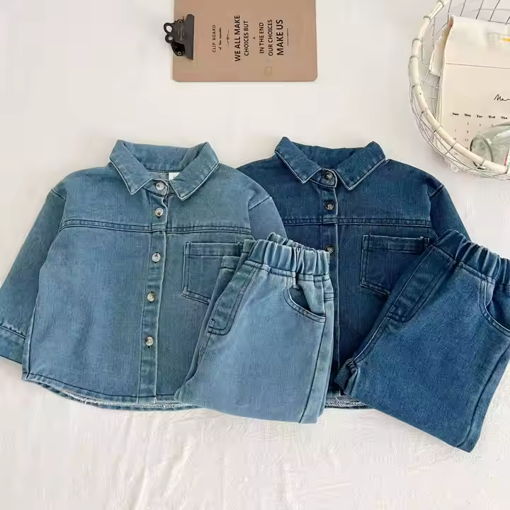 New Korean Boys and Girls Autumn 2 Piece Set Denim Suits Long Sleeve Shirt and Jeans 