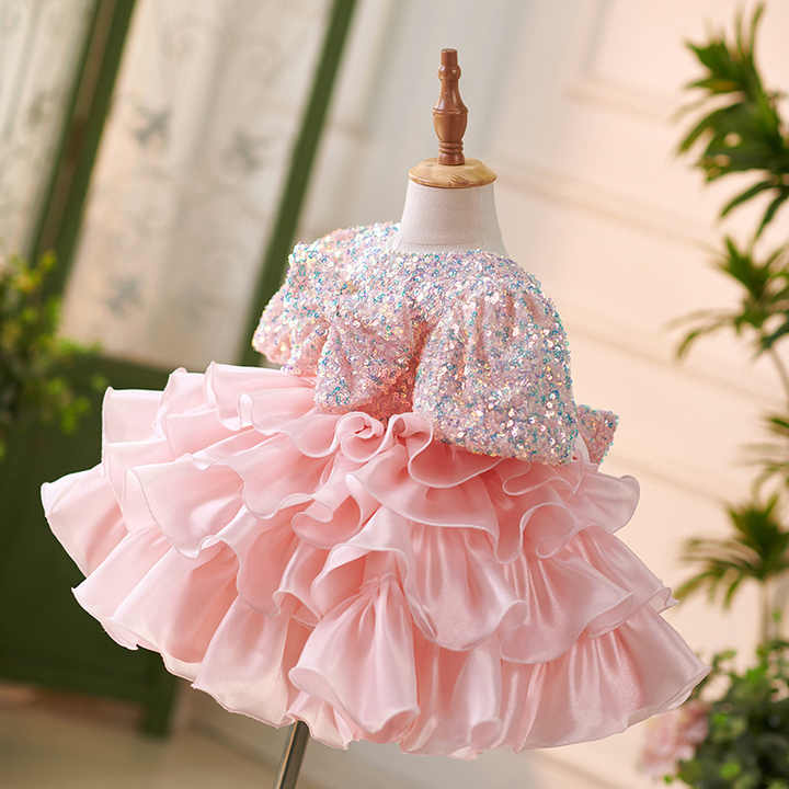 Baby Birthday Tiered Clothing- فساتين صيفية وردية مطرزة بالترتر للفتيات الصغيرات