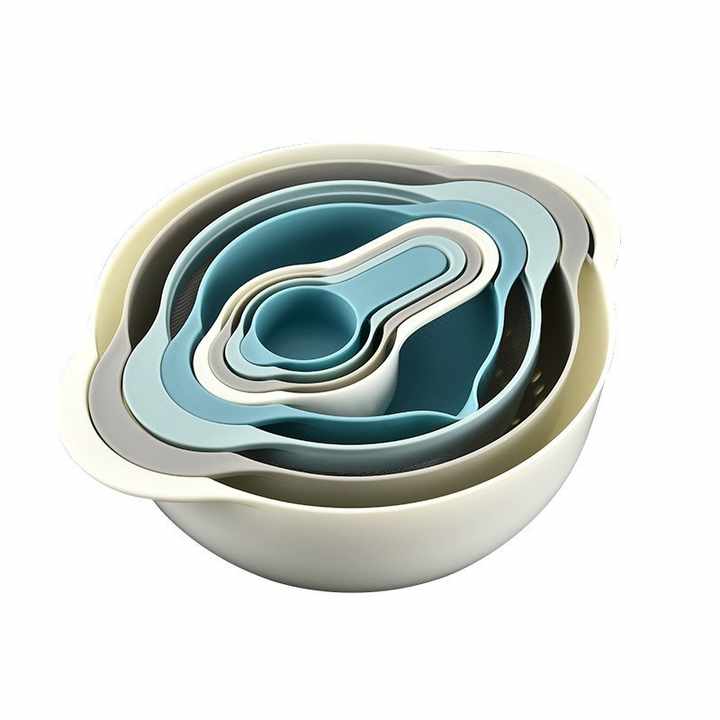 طقم 8 أطباق سلطة متعددة الوظائف لخلط الطعام وعاء تحضير الطعام مع مصفاة غربلة وكأس قياس لإكسسوارات المطبخSet of 8 Multifunctional Salad Bowls for Mixing Food Prep Bowl with Strainer and Measuring Cup for Kitchen Accessories