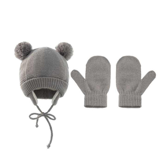 Thick Baby Hats with Double Pompom Kids Hats and Gloves 