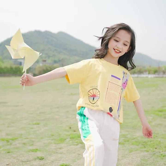 Summer 2 Pieces Cotton Short Sleeve T-Shirts and Long Pant Girls Clothing Set for 5 to 9 Years 