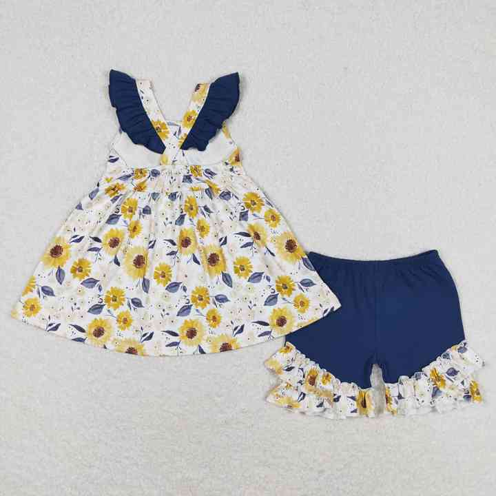 Sunflower Floral Top Shorts Baby-فساتين صيفية وردية مطرزة بالترتر للفتيات