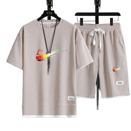 Men's 2 Piece Holiday Couple Set Fashion Loose T-shirt + Plus Size Five Quarter Pants 