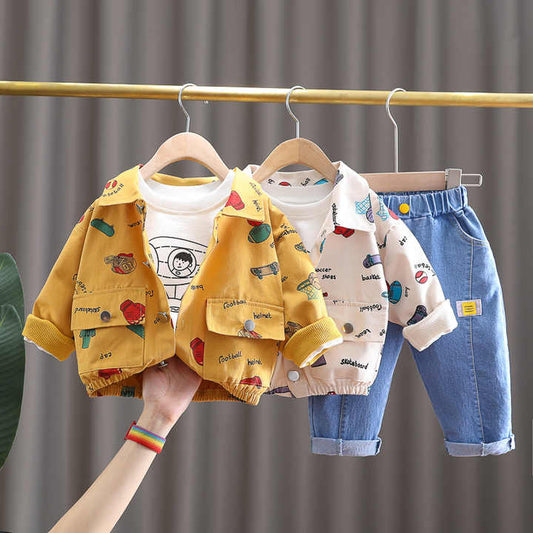 بنطلون اولاد  بدلة بأكمام طويلة ، معطف برسوم كرتونية ، طقم للأطفال من ثلاث قطع