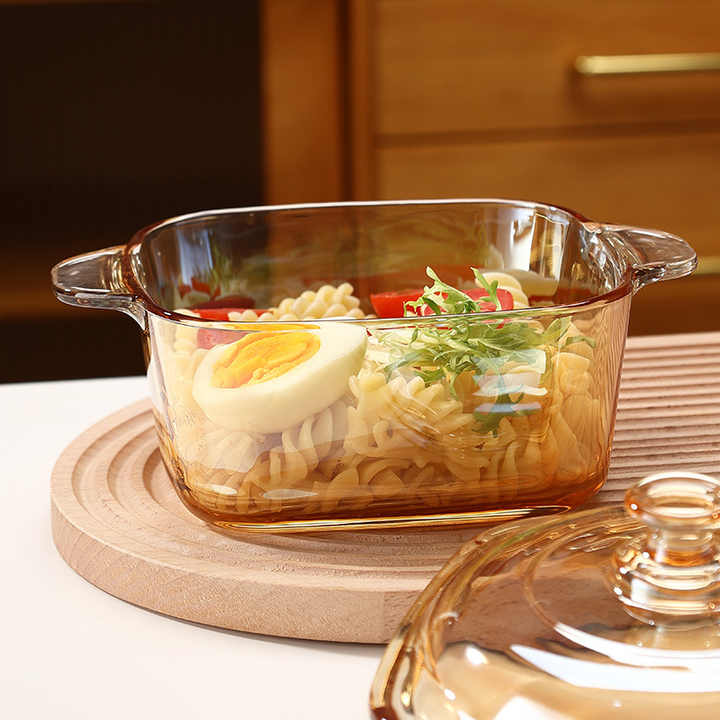 High-end food bowl, thick double-eared salad bowl, amber glass bowl, kitchen utensils, glass bowl with lid 