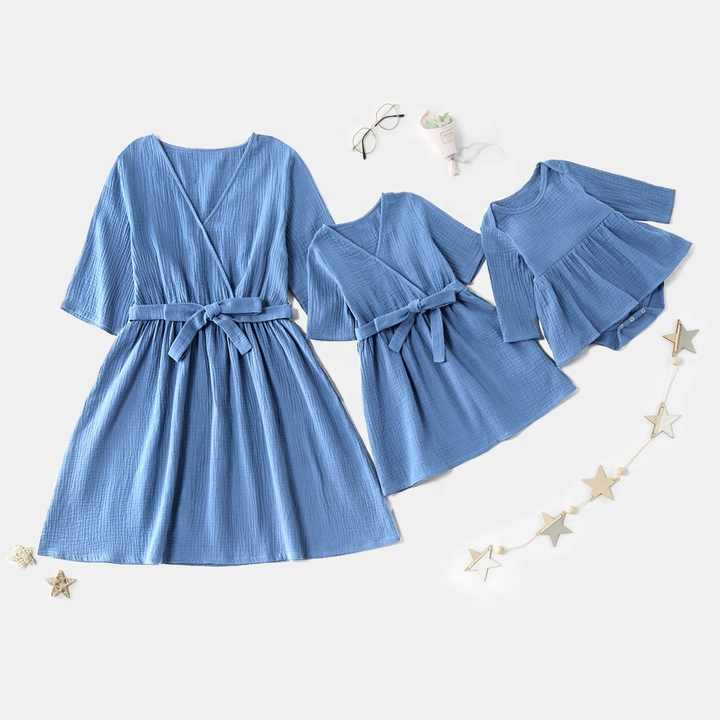 Newest Mommy and Me Blue Baby Romper + Mommy Fashion Long Dress Mommy and Me Family Matching Clothes 