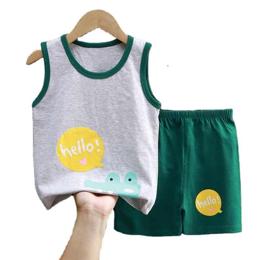 ملابس صيفية من القطن الخالص بلا أكمام برسوم . New Summer Boys' Pure Cotton Sleeveless Cartoon Print