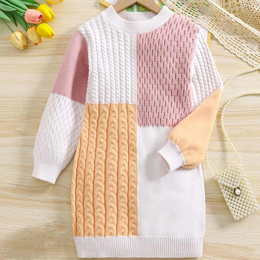 Casual Daily Outgoing in Spring ODM Supply for Children- فستان محبوك بأكمام طويلة ورقبة مرقعة