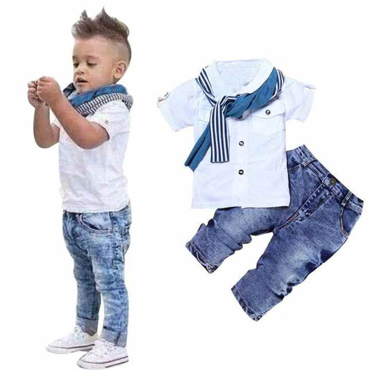Summer Short Sleeve T-shirt Tops + Scarf + Pants Baby Boys Kids Clothes Outerwear DGBG-005 