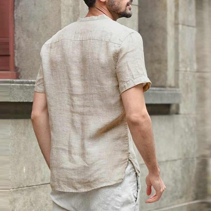 قميص رجالي من القطن والكتان برقبة هينلي . Men's Cotton Linen Henley Neck Pocket Casual Beach