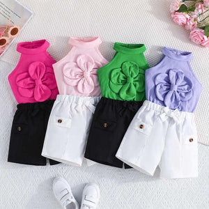 0-5 Years Girls Solid V-Neck Floral Sleeveless 3D Ribbed Bra Elastic Shorts Baby Clothes 