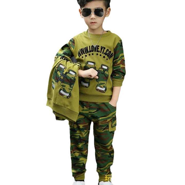 High Quality Custom Kids Clothes Wholesale Camouflage 2 Piece Suit Long Pants Set for Boys 