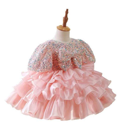 Baby Birthday Tiered Clothing- فساتين صيفية وردية مطرزة بالترتر للفتيات الصغيرات